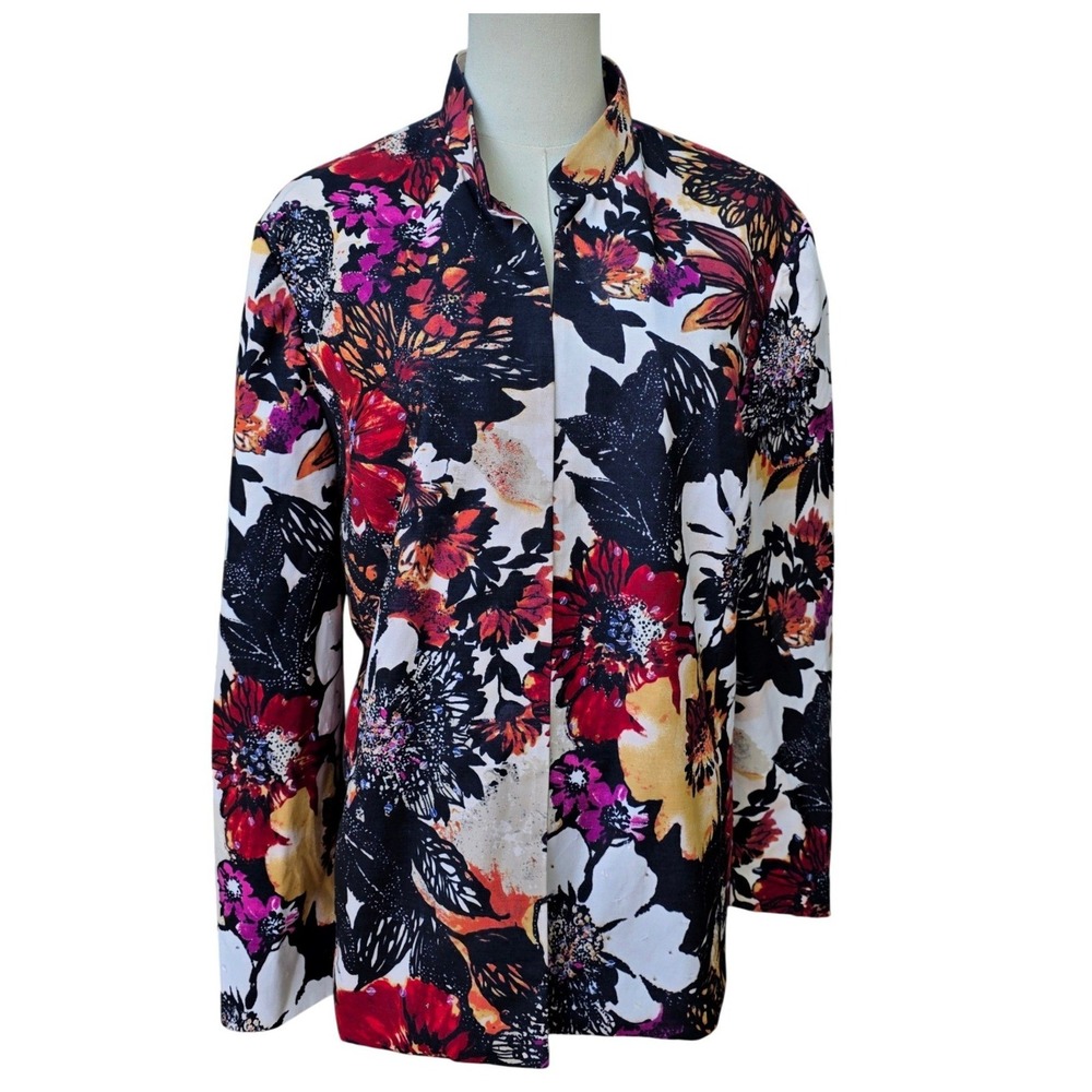 Chico's Floral Sequin Blazer Women Size 2 Multicolor‎ Excellent Botanical Jacket